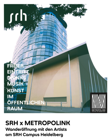 SRH Campus Heidelberg, moderne Architektur, Ankündigung einer Veranstaltung mit Kunst, Musik und freiem Eintritt am 21. Juli 2026.